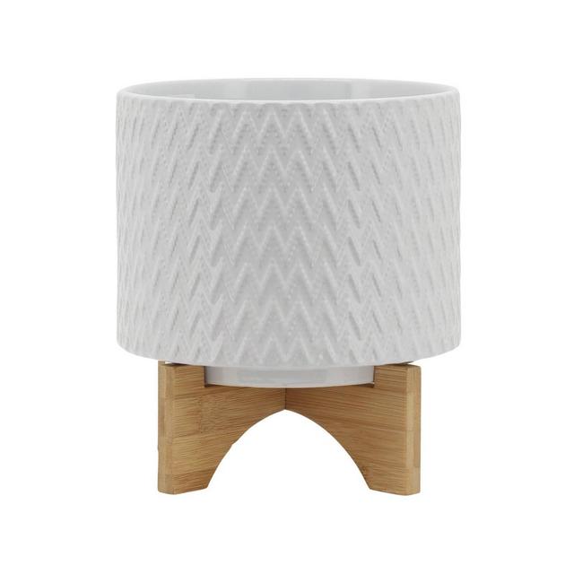 Sagebrook Home 8" Wide Chevron Pattern Ceramic Planter Pot with Wooden Stand White: Modern Floor Planter, No Drainage Hole