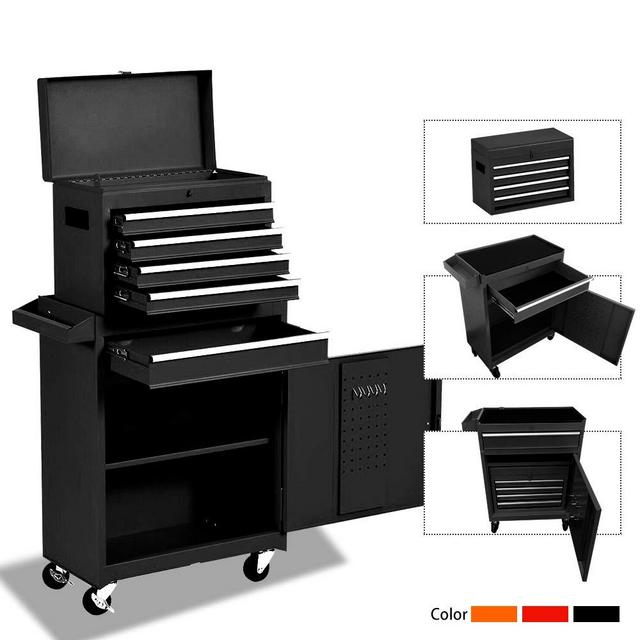 Tool Storage Cabinet&Tool Chest,Tool Cabinet with 4 Wheels,Tool Chest with 5 Drawers,Large Capacity Removable Toolbox with Lock for Garage and Warehouse-Black