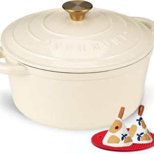 Overmont Enameled Cast Iron Dutch Oven - 7QT Pot with Lid Cookbook & Cotton Potholders - Heavy-Duty Cookware for Braising, Stews, Roasting, Sourdough Baking Cream White