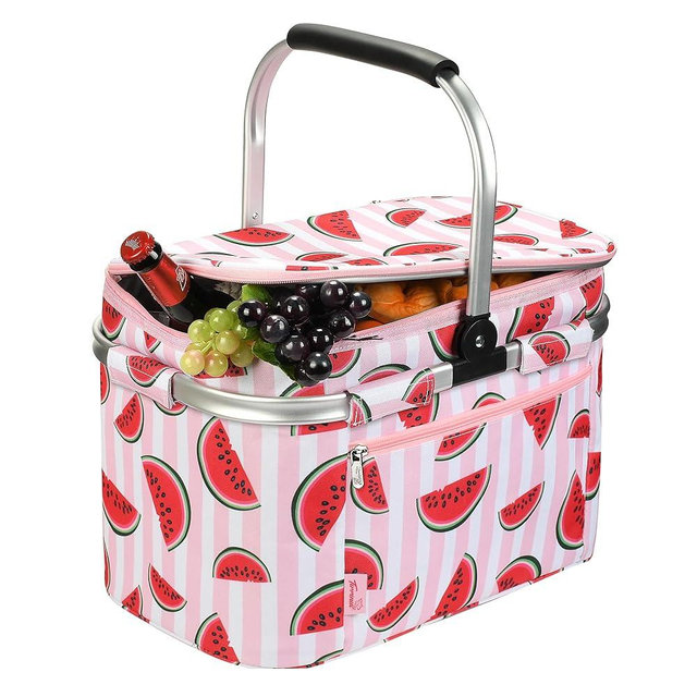 Tirrinia Large Insulated Picnic Basket, 34L Water Resistant & Leakproof Collapsible Portable Cooler Basket Set with Aluminium Handle for Travel, with a Free Foldable Grocery Bag, Pink