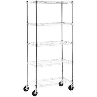 AmazonBasics 5-Shelf Shelving Storage Unit on 4'' Wheel Casters, Metal Organizer Wire Rack, Chrome Silver (30L x 14W x 64.75H)