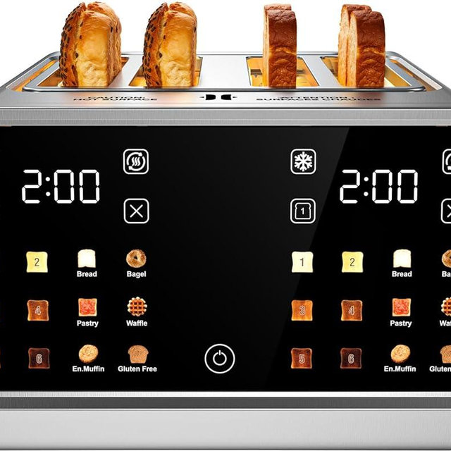 Smart Toaster 4 Slice with Touchscreen & 1-Touch Memory for Family | Stainless Steel Extra-Wide Slots for 6 Bread Types & Toast Settings | Defrost Reheat & Single-Slice Modes