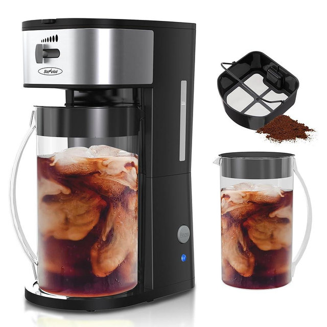 SUNVIVI Iced Tea Maker with 3-Quart Pitcher, Iced Coffee Brewing Maker for Ground Coffee, Tea Bags, Loose Leaf Tea, 7 Cups Coffee Machines for Home, Strength Control for Flavor, Black