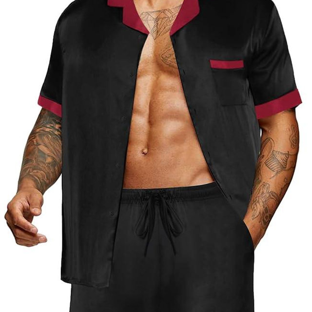 Ekouaer Men Satin Silk Pajamas Set with Pockets Sleepwear Shorts Satin Summer Loungewear 2 Piece Button Down Set S-3XL