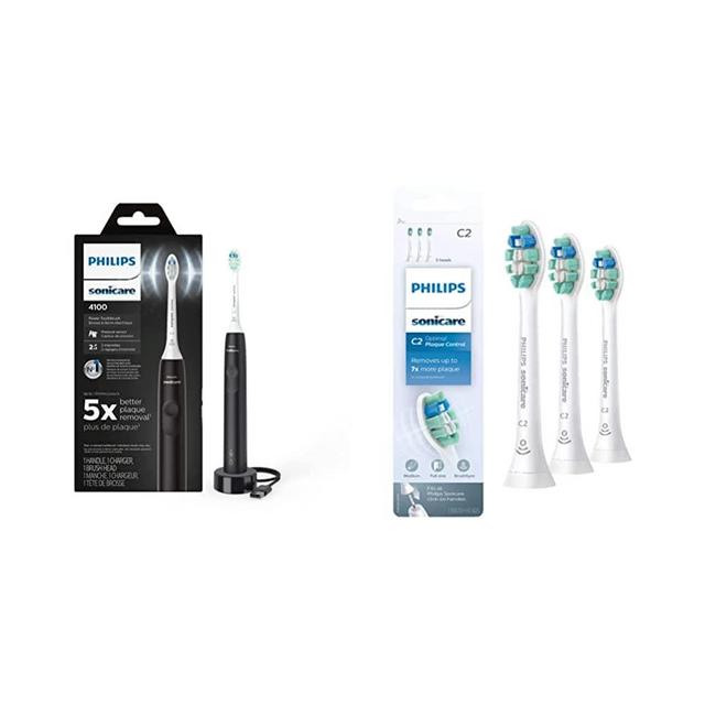 Philips Sonicare 4100 Electric Rechargeable Power Toothbrush, Black, with Genuine Philips Sonicare Optimal Plaque Control Replacement Toothbrush Heads, White, 3 Pack