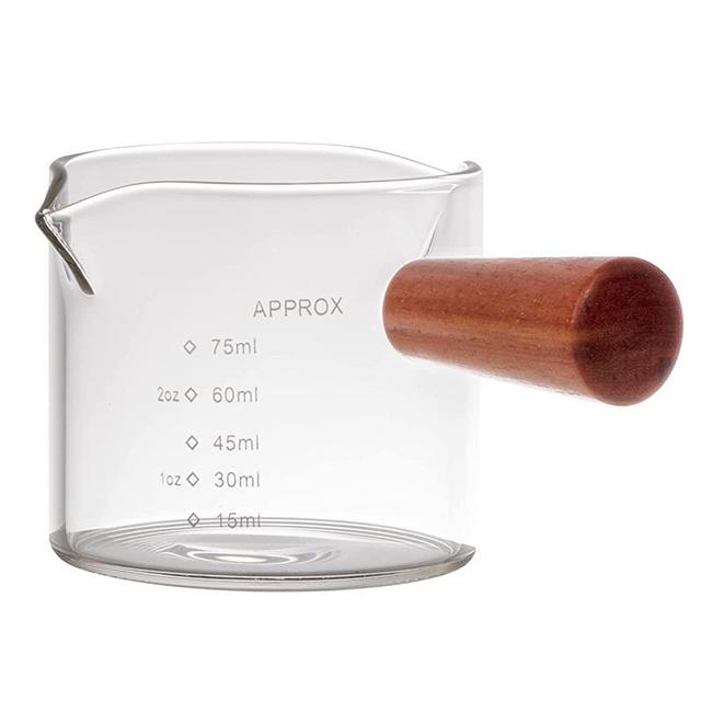 GIRVEM Double Spouts Measuring Triple Pitcher Milk Cup 75ML Espresso Shot Glasses With Wood Handle (1 Pack)