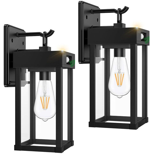 2 Pack Outdoor Solar Wall Light Fixtures With Dusk To Dawn Sensor,Large Size Black Outdoor Wall Lights with 3Lighting Modes,Exterior Waterproof Solar Wall Sconce Light for Outside,Garage(Black-2P)