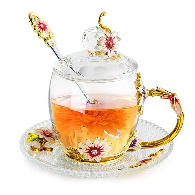 Vintage Glass Tea Cup and Saucer Set with Lid and Spoon, Enamel Daisy Flower Coffee Mug with Decorative Handle, Elegant Tea Sets for Women, 330ml/11oz