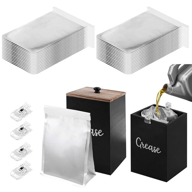 35 Set Grease Disposal Container for Kitchen, 30 Disposable Foil Liners, Wooden Storage Bin & 4 Clips - Bacon Grease Oil Collector to Stop Drain Clogs, Kitchen Grease Container and Oil Disposal Bin