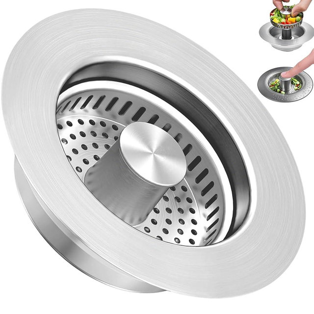 3-in-1 Kitchen Sink Drain Strainer & Stopper, Stainless Steel Food Catcher Plug with Filter Basket, Fits 3-1/2 Inch Drain Hole, Universal Sink Protector Cover, Anti-Clogging, Silver (1, Sus304)