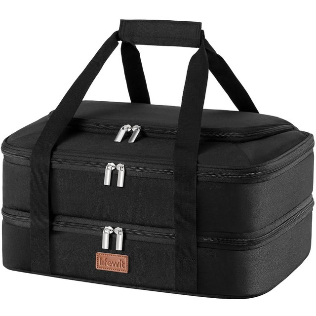 Lifewit Double Decker Casserole Carrier for Hot and Cold Food, Insulated Casserole Dish Carrier Carrying Case with Tool Room, Thermal Bag for Potluck Parties Cookouts Fits 9"×13" Baking Dish, Black
