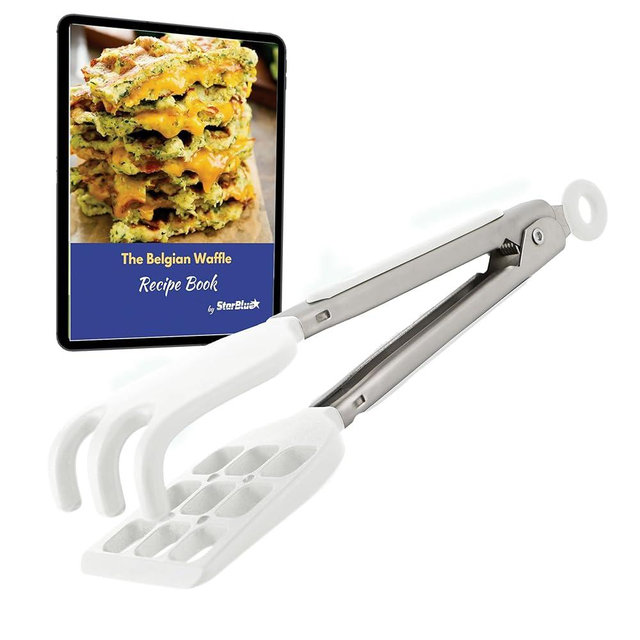 Mini Waffle Tongs by StarBlue White – 8 Inches Silicone and Nylon Serving Tongs with Non-Slip Smooth Handles, Non-Scratch and Dishwasher Safe, Multipurpose Spatula Tongs for Belgian Waffle Serving