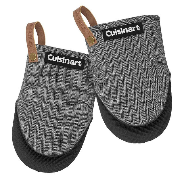 Cuisinart Heritage Mini Oven Mitts – 5.5” x 7” Heat-Resistant Kitchen Mitts for Oven with Non-Slip Neoprene Palm, Cotton Filling, and Faux Leather Loop – Durable Oven Mitt Set for Cooking & Baking