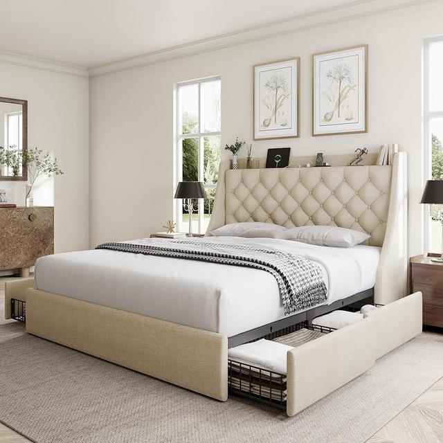 GalnFu Queen Bed Frame with 4 Storage Drawers, Huge Upholstered Wingback Headboard, Fast Charging Station, No Box Spring Needed, Noise-Free, Beige