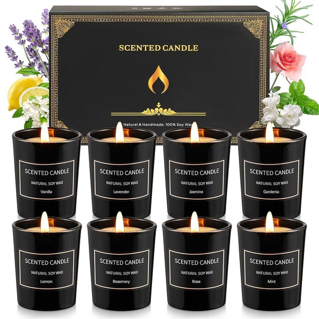 Qizeion 8 Pack Candles for Home Scented Aromatherapy Candles Gifts Set for Women Soy Wax Long Lasting Jar Candles for Birthday Mother's Day Gifts, 3.5oz, Black