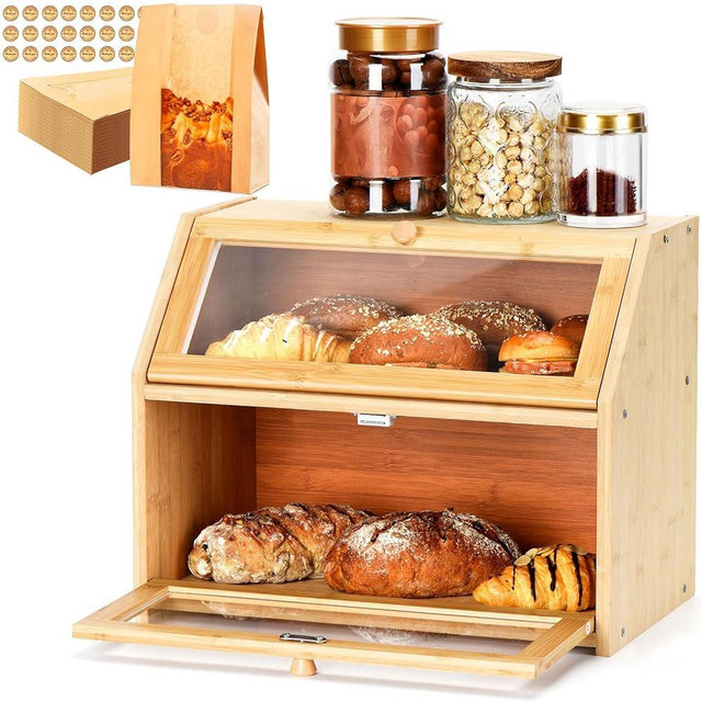 Wcatea Bread Box for Kitchen Countertop, Large Double Layer Bamboo Bread Storage Box with Clear Door, Includes 20 Bread Bags & Labels, Farmhouse Kitchen Storage Organizer (Natural Bamboo)