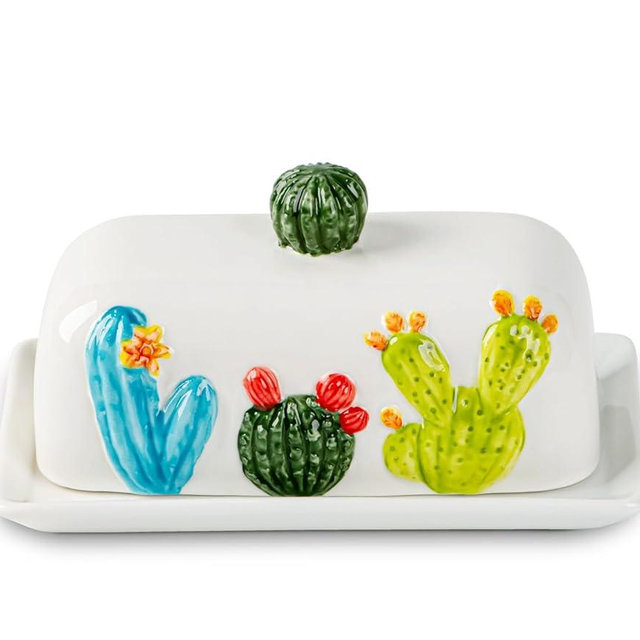 Cactus Butter Dish With Lid For Countertop Succulent Butter Dish With Cover Ceramic Butter Container Green Butterdish Cute Beautiful Desert Decoration