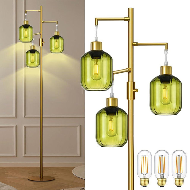 LVYE Floor Lamp with Glass Shade, Modern Standing Lamps for Living Room, Dimmable Green Glass Tall Floor Lamp, Mid Century Gold 3 Light Tall Tree Lamp with 3 LED Bulbs