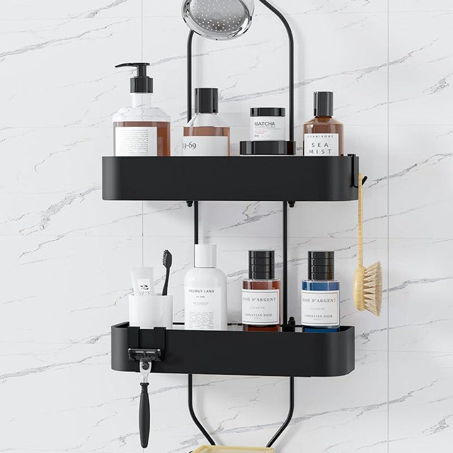 Kitsure Shower Caddy Hanging - No-Drill Bathroom Organizers and Storage, Wobble-Free Bathroom Shelves with Adhesive Tapes, Rust-Proof Shower Storage for Toiletries, Black, 25.0" H