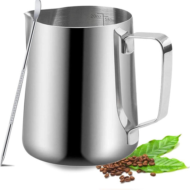 Milk Frothing Pitcher, 600ml (20oz) Milk Frother Cup Stainless Steel Jug Steaming Pitcher, Milk Coffee Cappuccino Latte Art Barista Steam Pitchers Milk Jug Cup with Decorating Pen