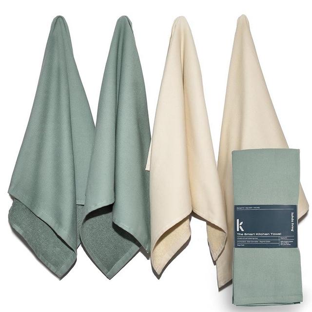 KOHDA LIVING Premium Silver Infused Kitchen Towels - 100% Organic Cotton Dish Towels - Odor Controlled Tea Towels (Pack of 4) Absorbent Kitchen Hand Towels Sage/Birch