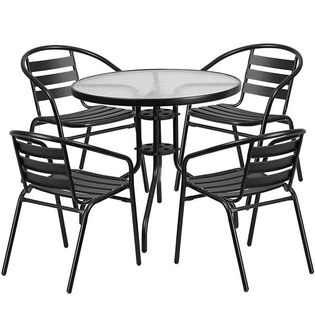 Flash Furniture 31.5'' Round Glass Metal Table with 4 Black Metal Aluminum Slat Stack Chairs