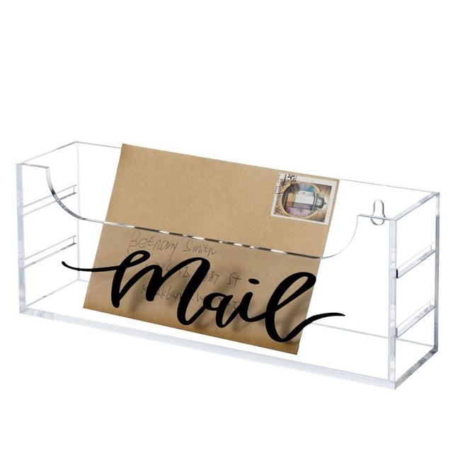 MyGift Premium Clear Acrylic Mail Holder with Decorative Black Cursive Mail Label, Modern Wall Mounted or Tabletop Mailbox, Letter Storage Organizer Box