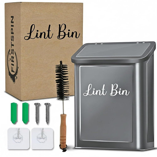 FIRSTSPIN Magnetic Lint Bin for Laundry Room – Black Metal Lint Holder with Lid – Wall Mount & Magnetic Trash Can – Modern Farmhouse Style for Laundry Room Organization and Storage