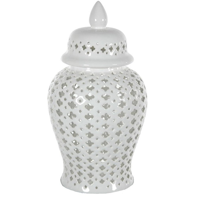 Red Lantern 16" Carved Lattice Decorative Temple Jar, White