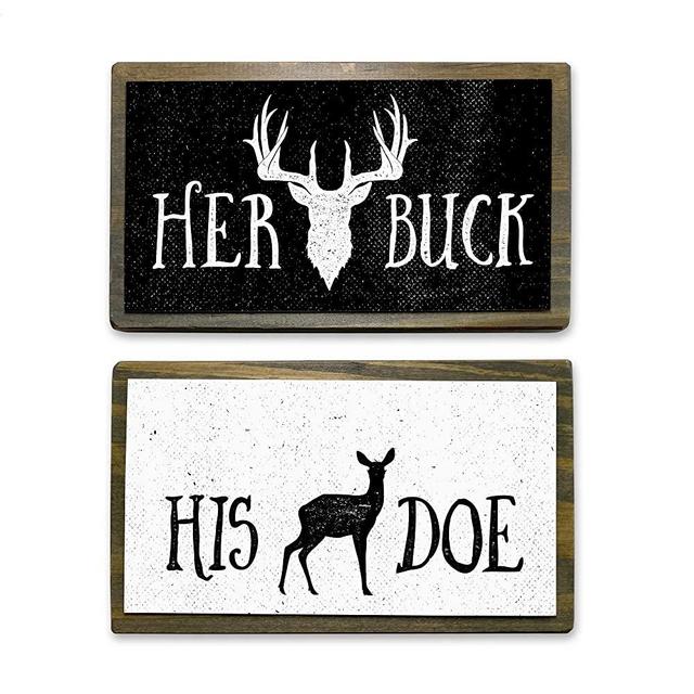 ANVEVO Her Buck, His Doe - Two Handmade Rustic Couple Metal Wood Signs – Cute Rustic Wall Decor Art - Farmhouse Decorations – Couple Bathroom Signs