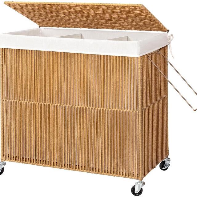 WOWLIVE Laundry Hamper with Wheels, 150L Handwoven Rolling Laundry Basket 3 Section with Lid, Clothes Hamper with Removable Liner Bag, Large Capacity Laundry Sorter Laundry Room Organization, Natural