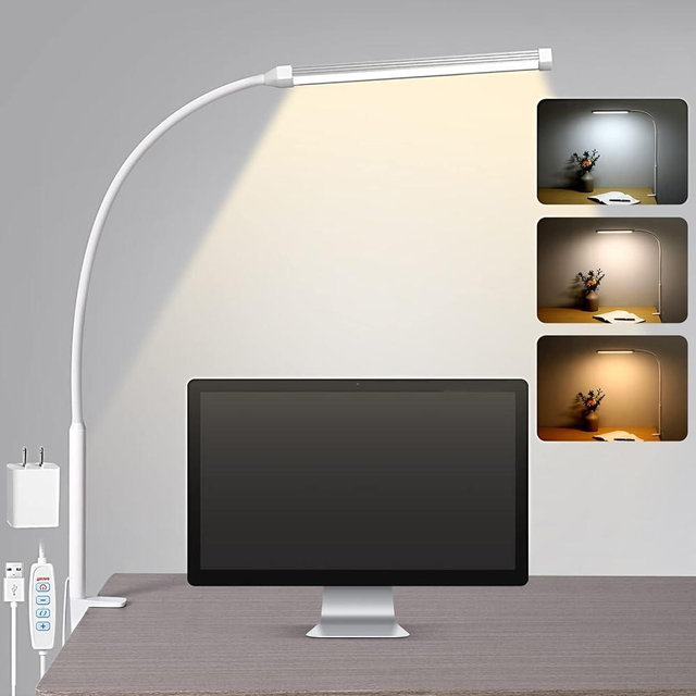 Voncerus LED Desk lamp with Clamp, Eye-Caring Clip on Lights for Home Office, 3 Modes 10 Brightness, Long Flexible Gooseneck,Metal, Swing Arm Architect Task Table Lamps with USB Adapter, White