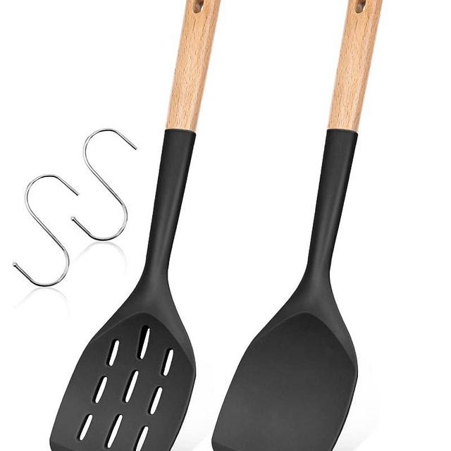 Pack of 2 Silicone Spatula, Non Stick Cooking Utensil Set Wooden Handle Kitchen Turner for Baking Mixing Grilling Serving Food Heat Resistant Non Scratch Hooks Included (Black)