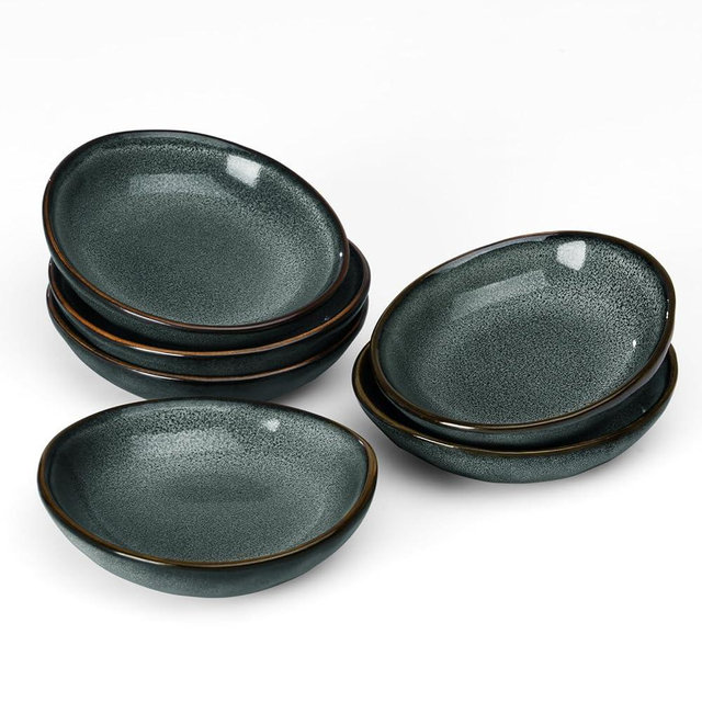famiware Ocean Soy Sauce Dishes of 6, Oval Dipping Sauce Cups/Bowls/Dishes for Kitchen, 2.1oz Ceramic Small Bowls for Side Dishes, Appetizers, Snacks, and Sushi, Reactive Glaze, Deep Forest