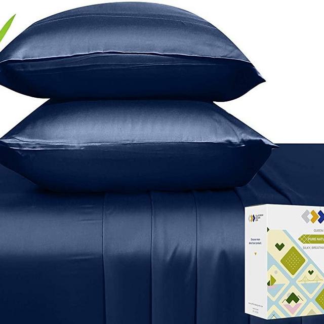 100% Pure Bamboo Sheets - Silky Soft Touch, Hypoallergenic, Cool and Lightweight, 4 Piece Luxurious Bed Sheet Set, Elasticised Deep Pocket for Snug Fit (King Size, Navy Blue)