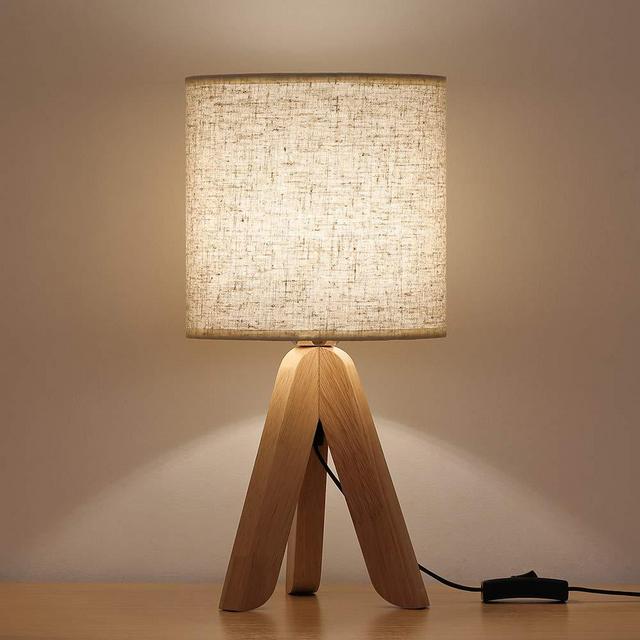 HAITRAL Small Bedside Table Lamp - Wooden Tripod Nightstand Lamp for Bedroom, Living Room, Office, Home with Fabric Linen Shade - 13.4 Inches (HT-TH63-29)