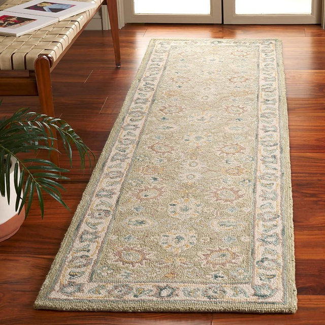 SAFAVIEH Blossom Collection 2'3" x 8' Sage / Ivory BLM702W Handmade Premium Wool Runner Rug