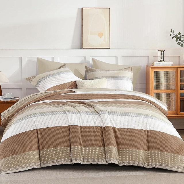 Andency King Size Comforter Set Taupe - 7 Pieces Striped Lightweight Bed in a Bag, Soft Reversible Bedding Set with Comforter, Fitted & Flat Sheet, Pillowcases & Shams