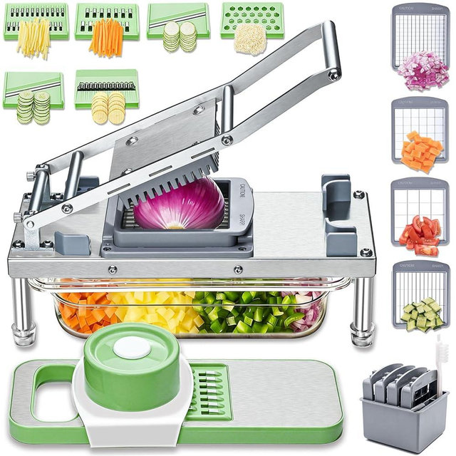 Stainless Steel Vegetable Chopper with 10 Blades - Mandoline Slicer-Pro Food Chopper with Container - Veggie Salad Onion Chopper - Potato Dicer - Tomato Cutter - Cheese Grater