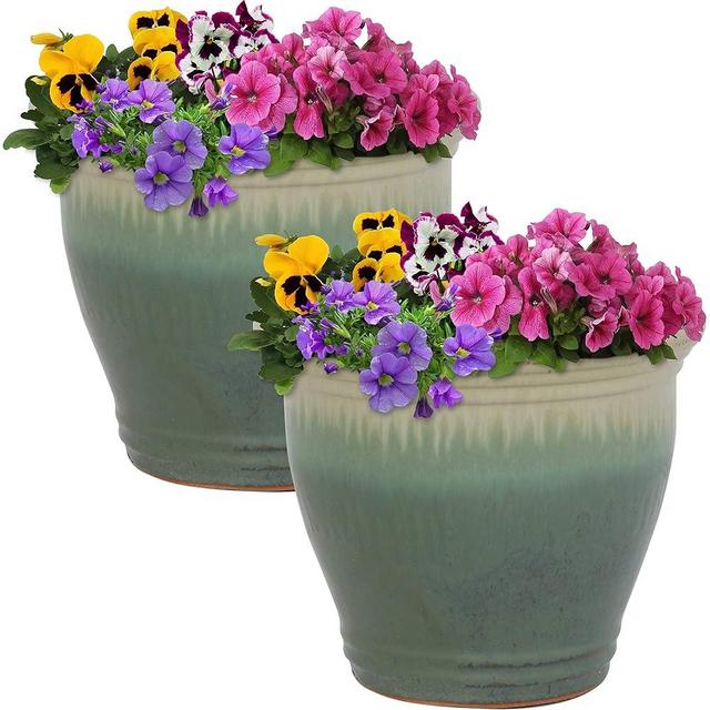 Sunnydaze Round Ceramic Planter - Set of 2 Indoor or Outdoor Plant Pots with Drainage Hole - 11" - Seafoam Glaze - Studio