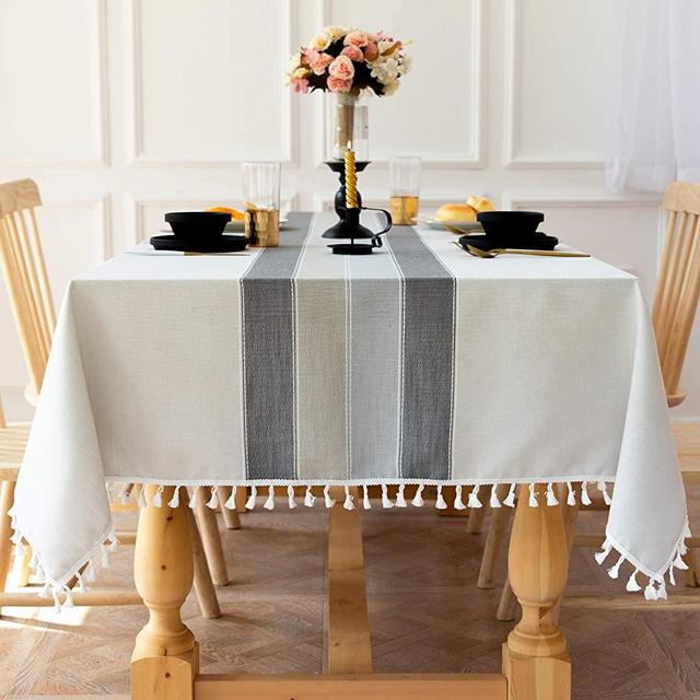 Oubonun Tablecloth for Dining Table Rustic Farmhouse Kitchen Table Cloth Coffee Table Cover, Cotton Linen Fabric Small Rectangle Tablecloths for 6 to 8 Seats, Light Grey, Grey Stripes, 55x86 Inch