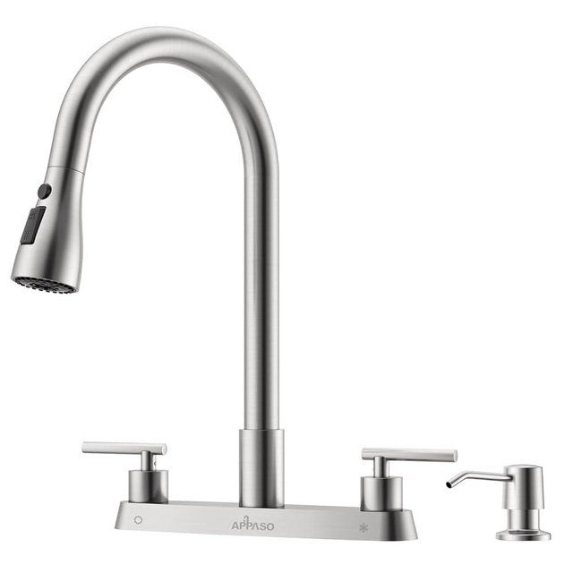 APPASO 2 Handle Kitchen Faucet with Sprayer, 4-Hole Kitchen Faucet with Pull Down Sprayer and Soap Dispenser, High Arc Stainless for 3 & 4 Hole RV Outdoor Sink, Brushed Nickel