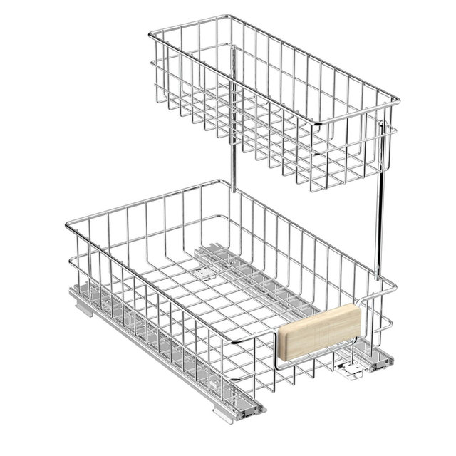 11.5 in. W x 21.5 in. D Pull Out Under Sink Organizer with Wood Handle Cabinet Slide Out Storage Shelf with 2-Tier Wire Drawer