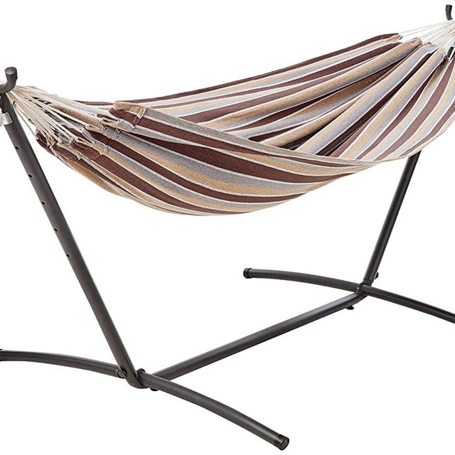 Amazon Basics Double Hammock with 9-Foot Space Saving Steel Stand and Carrying Case, Cream Stripe, 450 lb Capacity