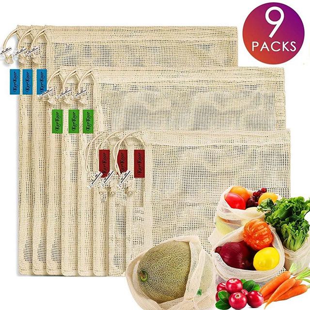 Reusable Cotton Mesh Produce Bags -Biodegradable Washable Eco-Friendly Premium See Through Lightweight Net-zero Bulk Bags for Veggie Fruit Vegetable Toys Grocery-Supermarket Shopping Storage Set of 9