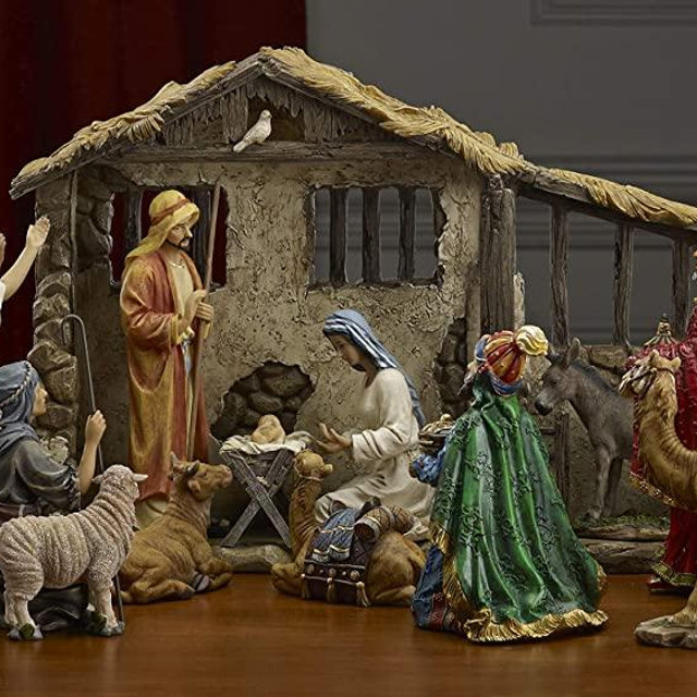 16 Piece Deluxe Edition Christmas Nativity Set with Real Frankincense Gold and Myrrh - 10 inch Scale