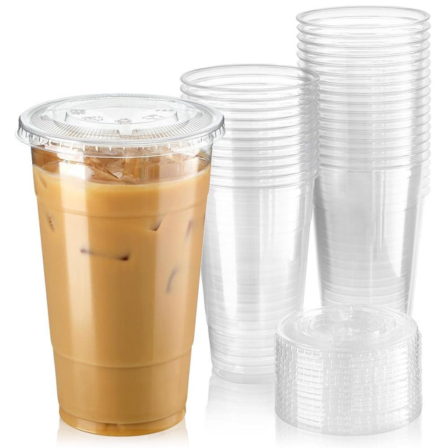 Fit Meal Prep 600 Pack 24 oz Clear Plastic Cups with Flat Lids, Disposable Iced Coffee Cups, BPA Free Premium Crystal Smoothie Cup for Party, Lemonade Stand, Cold Drinks, Milkshake