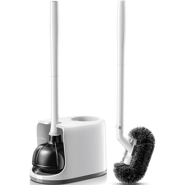 HAMITOR Toilet Plunger Bowl Brush Set: Curved Bristle with Holder for Deep Cleaning Under Rim - Heavy Duty Plunger Scrubber Combo with Ventilated Holder - Bathroom Accessories for Small Space - White
