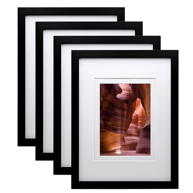 Egofine 9x12 Picture Frames Set of 4, Made of Solid Wood Covered by Plexiglass 5x7 and 6x8 with Mat or 9x12 without Mat, for Table Top Display and Wall Mounting Photo Frame Black