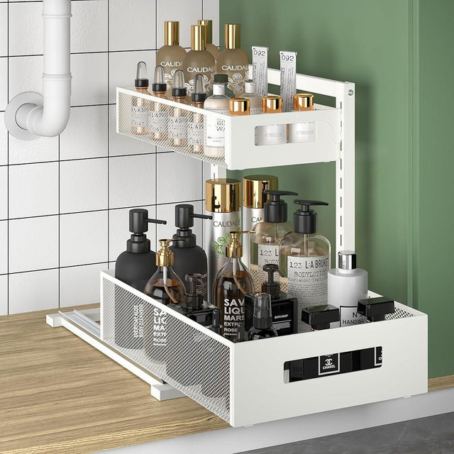 Cegkanenx Organizer and Storage for Kitchen, Bathroom, Under Sink, Upgraded Guide Rail Design Smoothly Pulls Out Cabinet Organizer and Slides Out Sink Shelf Cabinet Storage Shelves White XL